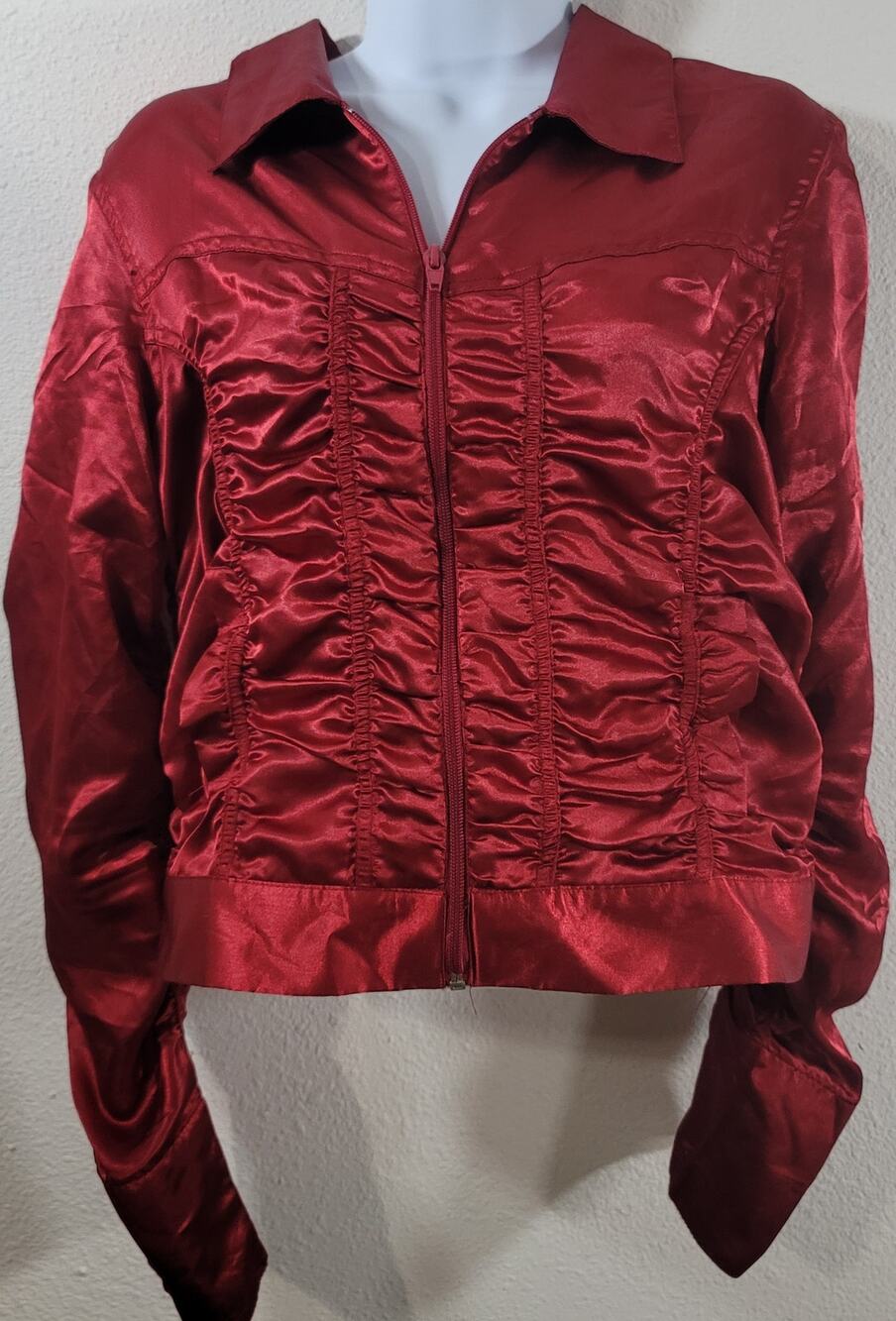 Overdrive Red Satin Ruched Gathered Full Zip Collard Jacket Large Lightweight